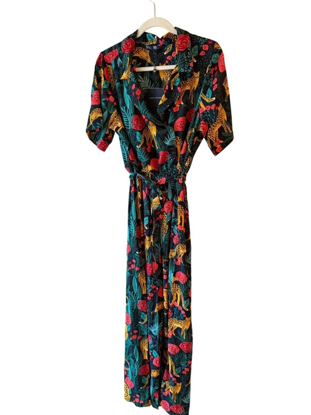 America & Beyond Womens Jaguar Paradise Animal Print Jumpsuit Size XL Black New - Picture 3 of 11